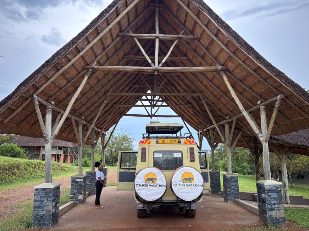 Luxury safari vehicle at the entrance of Lake Mburo National Park
