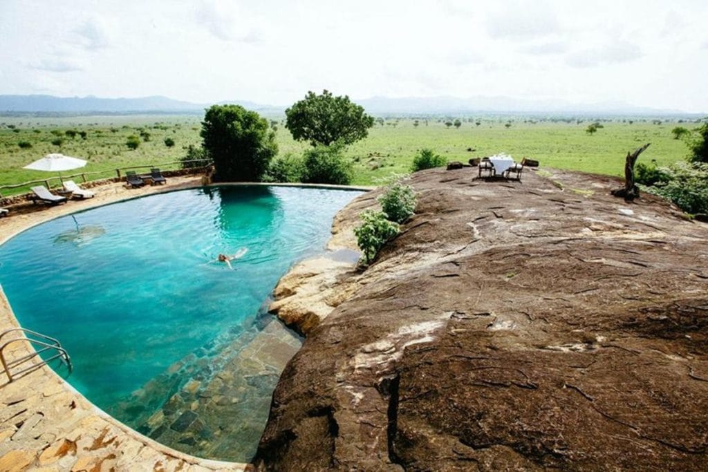Swimming pool overlooking the plains at Apoka Safari Lodge in Kidepo Valley National Park, Uganda