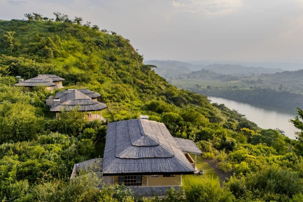 Aerial view of Kibale Lodge overlooking crater landscapes near Kibale Forest National Park, Uganda