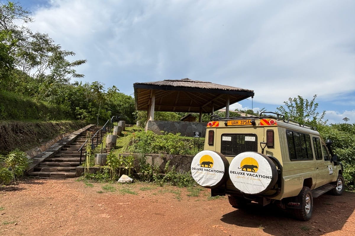 Deluxe Vacations Uganda safari vehicle at a lodge near Kibale National Park